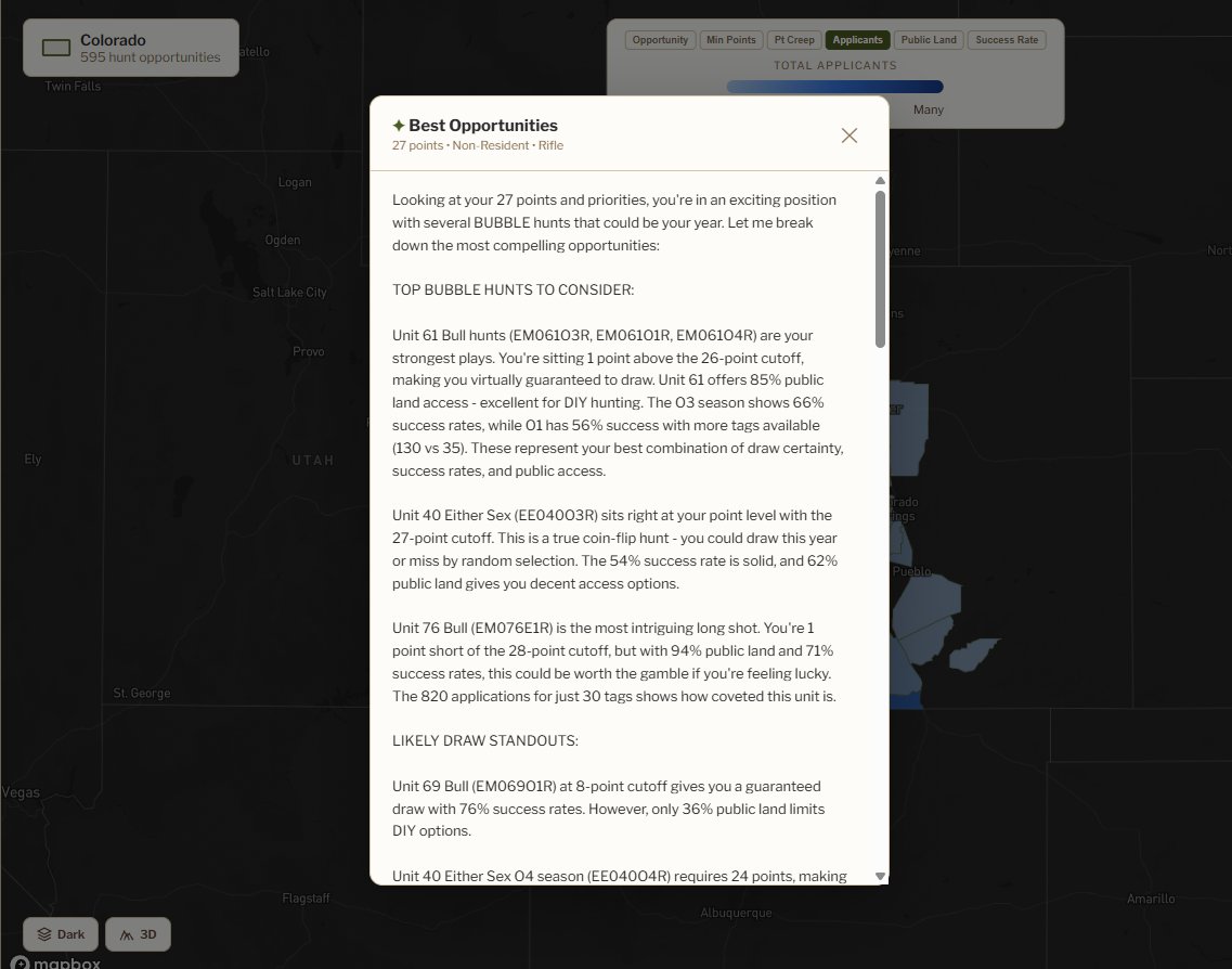 AI analysis showing bubble hunts and likely draws for a hunter with 27 preference points in Colorado