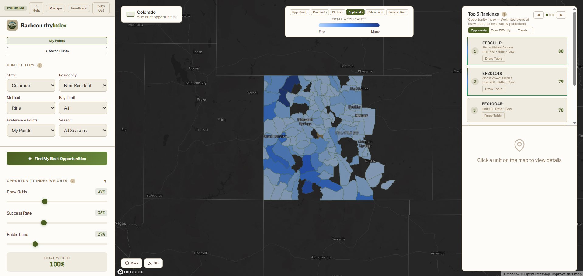Interactive map showing Colorado elk units colored by applicant density with filters for rifle, residency, and preference points