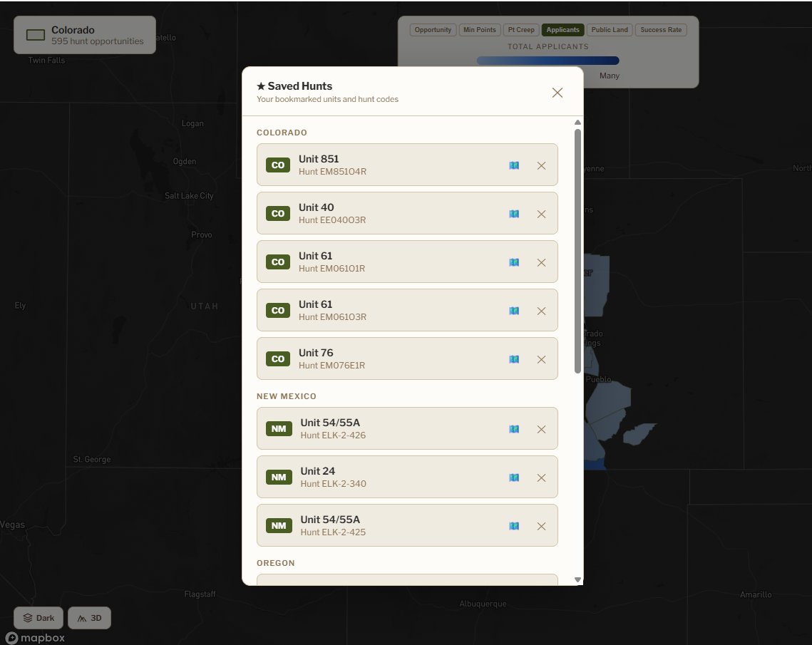 Saved hunts showing bookmarked units across Colorado, New Mexico, and Oregon